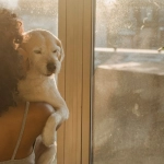 Владелец питомца отдыхает с планшетом рядом с домашним животным